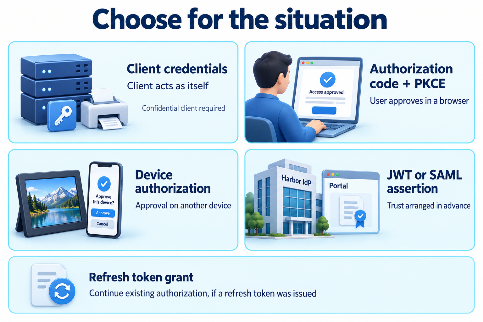 Four illustrated situations: a confidential backend uses client credentials to act as itself; a person approves access in a browser using authorization code with PKCE; a photo frame uses device authorization with approval on a phone; and a portal presents a JWT or SAML assertion under prearranged trust. A separate strip shows the refresh token grant continuing an existing authorization if a refresh token was issued.